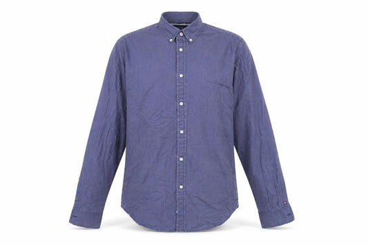 Front view of Tommy Hilfiger Men's Blue Check Cotton Button-Down Shirt XL