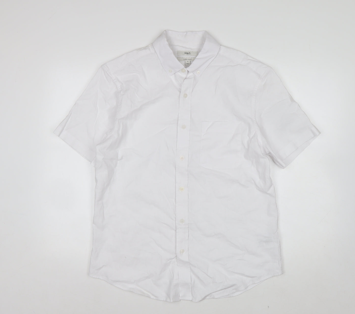 Marks and Spencer Men’s White Linen Blend Short Sleeve Button-Up Shirt M