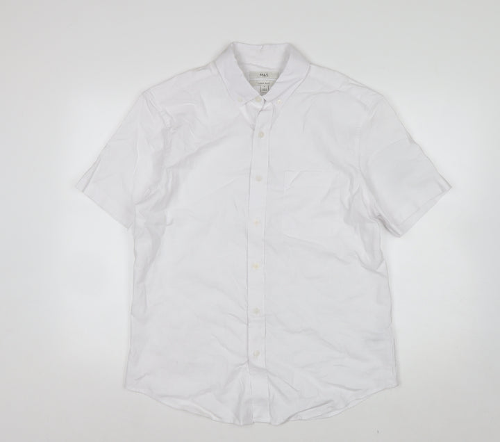Marks and Spencer Men’s White Linen Blend Short Sleeve Button-Up Shirt M
