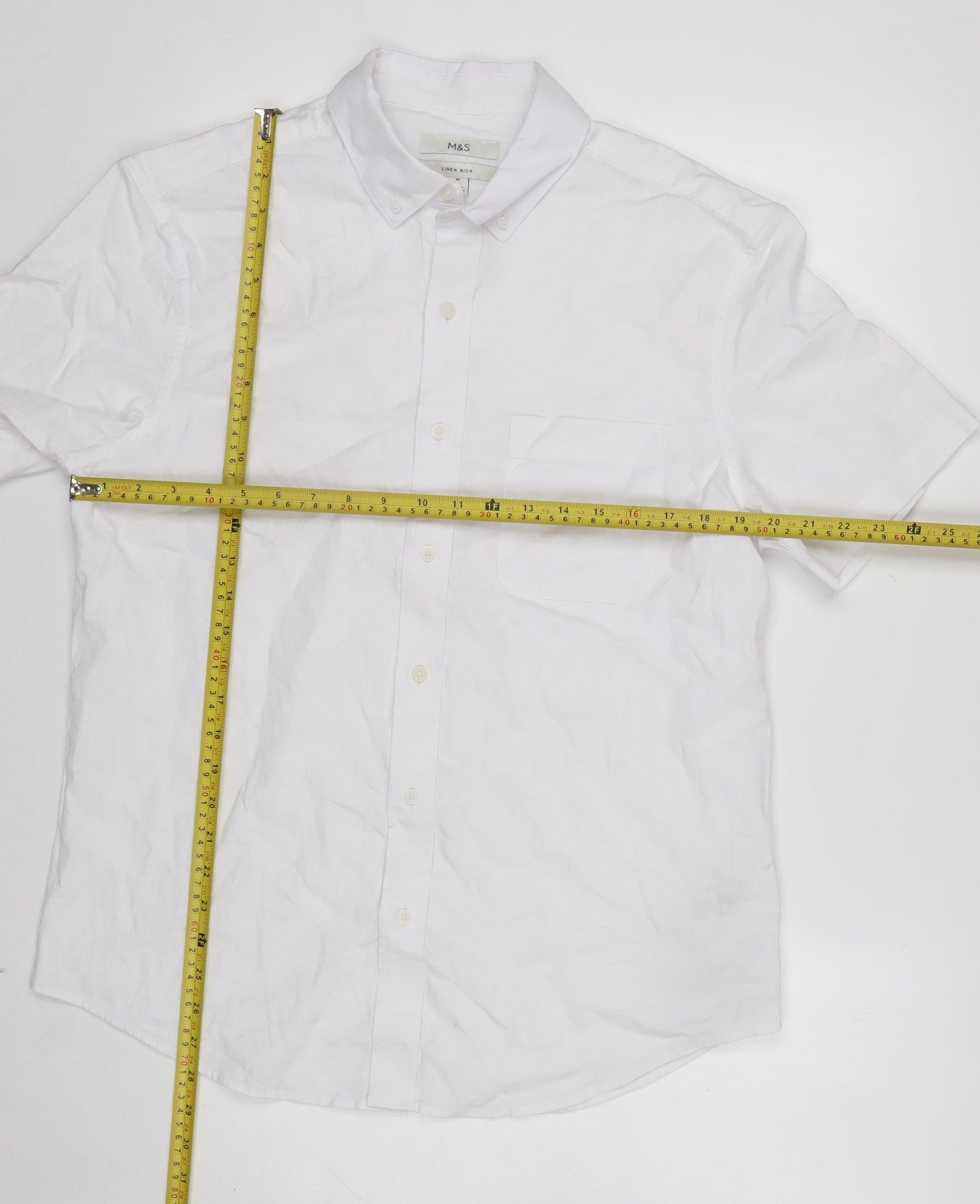 Marks and Spencer Men’s White Linen Blend Short Sleeve Button-Up Shirt M