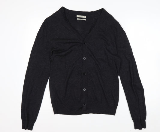 Mango Men Black Wool V-Neck Cardigan L Lightweight Knit