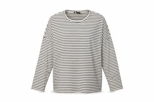 Front view of New Look Women’s White Black Striped Crew Neck Long Sleeve T-Shirt, size UK 12