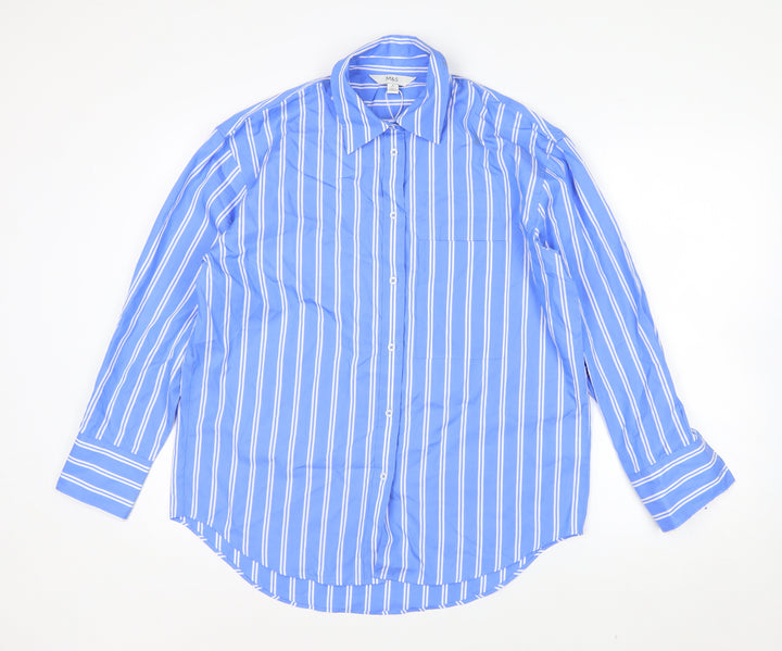 Marks and Spencer Womens Blue Striped Cotton Button-Up Shirt Size 8