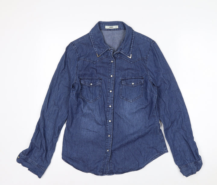 Oasis Women's Blue Denim Button-Up Shirt Size 10 Long Sleeve