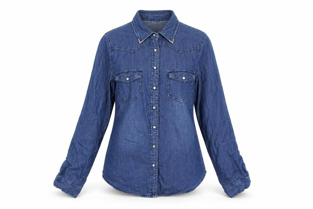 Front view of Oasis Women's Blue Denim Button-Up Shirt, size 10, Long Sleeve