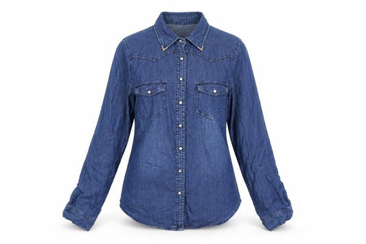 Front view of Oasis Women's Blue Denim Button-Up Shirt, size 10, Long Sleeve