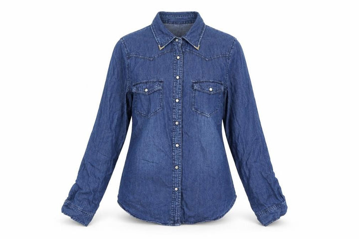 Oasis Women's Blue Denim Button-Up Shirt Size 10 Long Sleeve