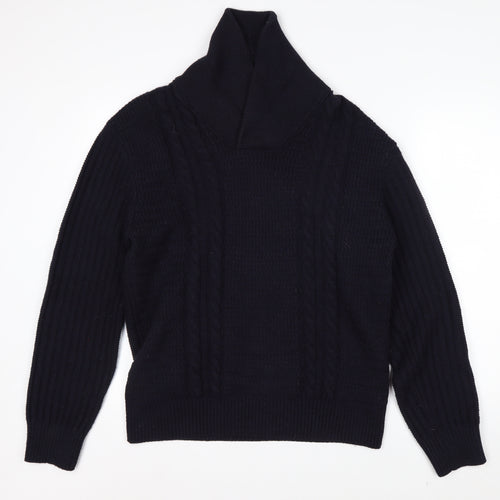 Zara Mens Black Wool Blend Roll Neck Cable Knit Jumper L