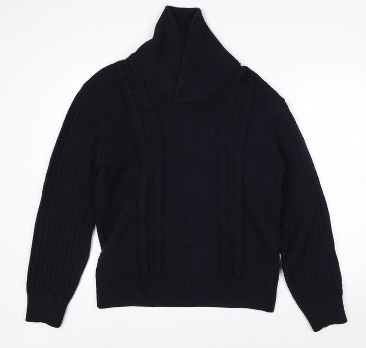 Zara Mens Black Wool Blend Roll Neck Cable Knit Jumper L