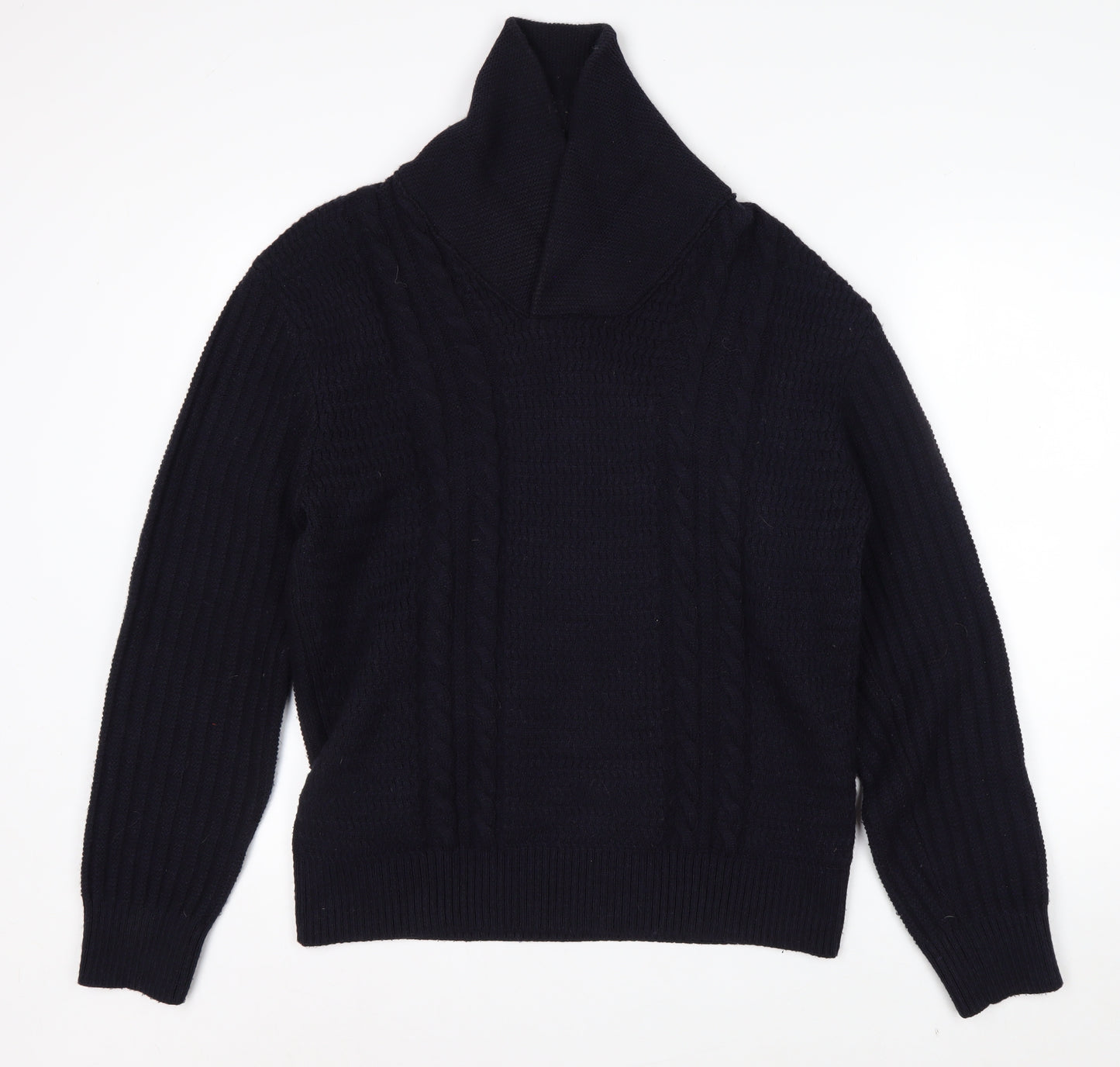 Zara Mens Black Wool Blend Roll Neck Cable Knit Jumper L