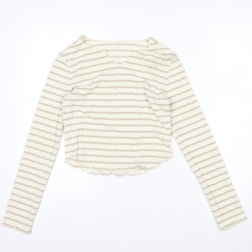 Next Womens Beige Striped Long Sleeve V-Neck T-Shirt UK 10