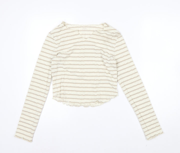 Next Womens Beige Striped Long Sleeve V-Neck T-Shirt UK 10