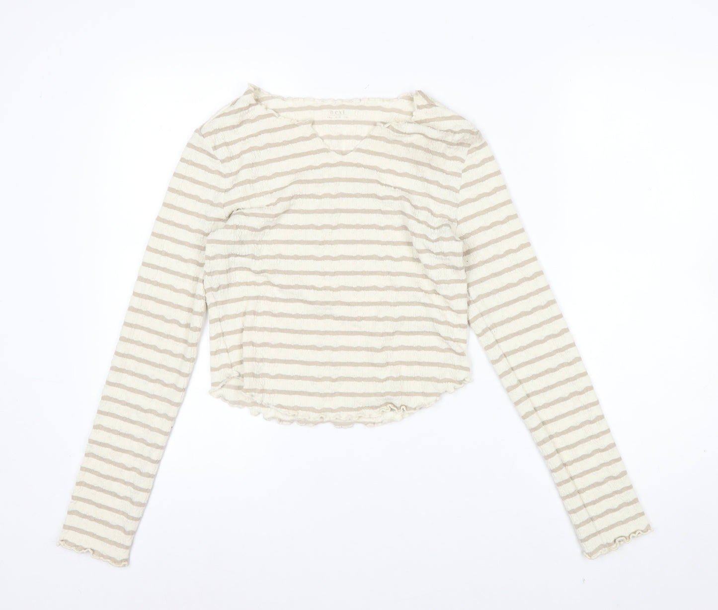 Next Womens Beige Striped Long Sleeve V-Neck T-Shirt UK 10
