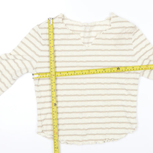 Next Womens Beige Striped Long Sleeve V-Neck T-Shirt UK 10