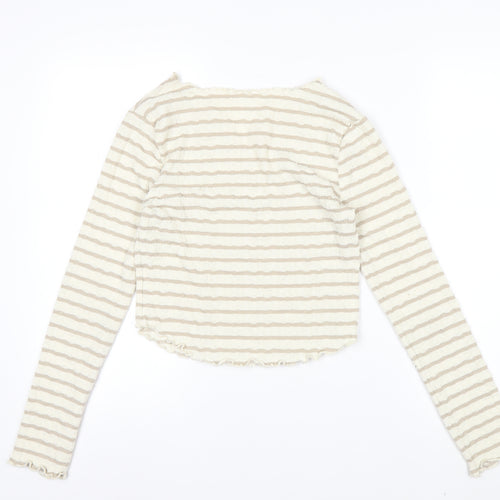 Next Womens Beige Striped Long Sleeve V-Neck T-Shirt UK 10