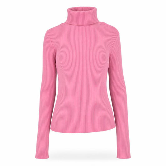 Front view of ASOS DESIGN Women’s Pink Roll Neck Ribbed Long Sleeve Top, size UK 10