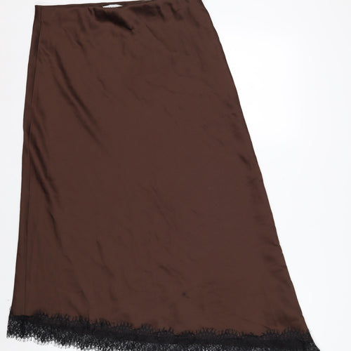 Marks and Spencer Women’s Brown Lace Trim Midi Satin Skirt Size 14