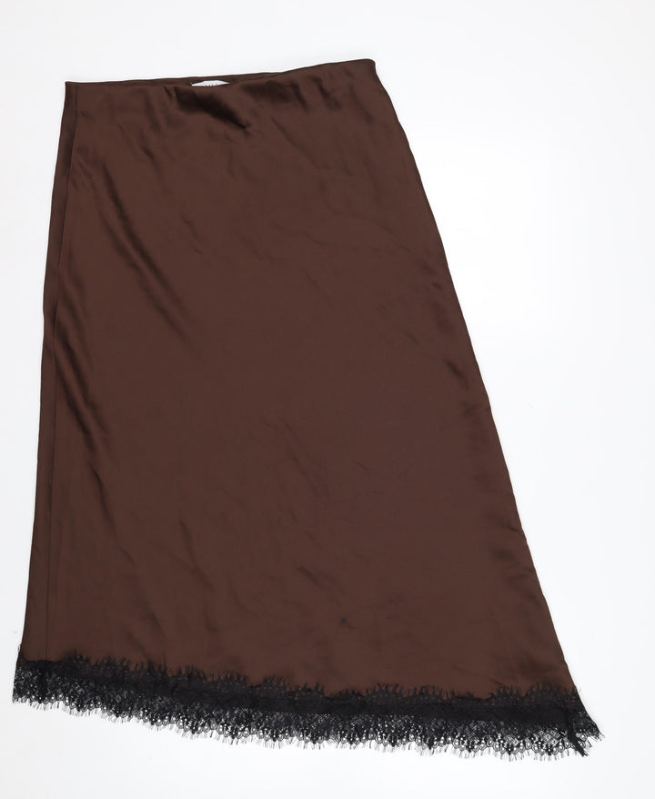 Marks and Spencer Women’s Brown Lace Trim Midi Satin Skirt Size 14