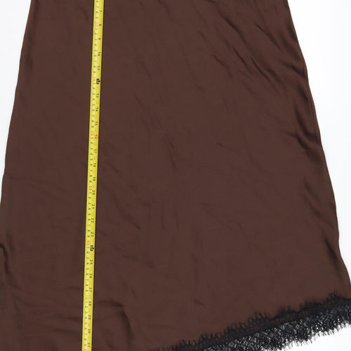 Marks and Spencer Women’s Brown Lace Trim Midi Satin Skirt Size 14