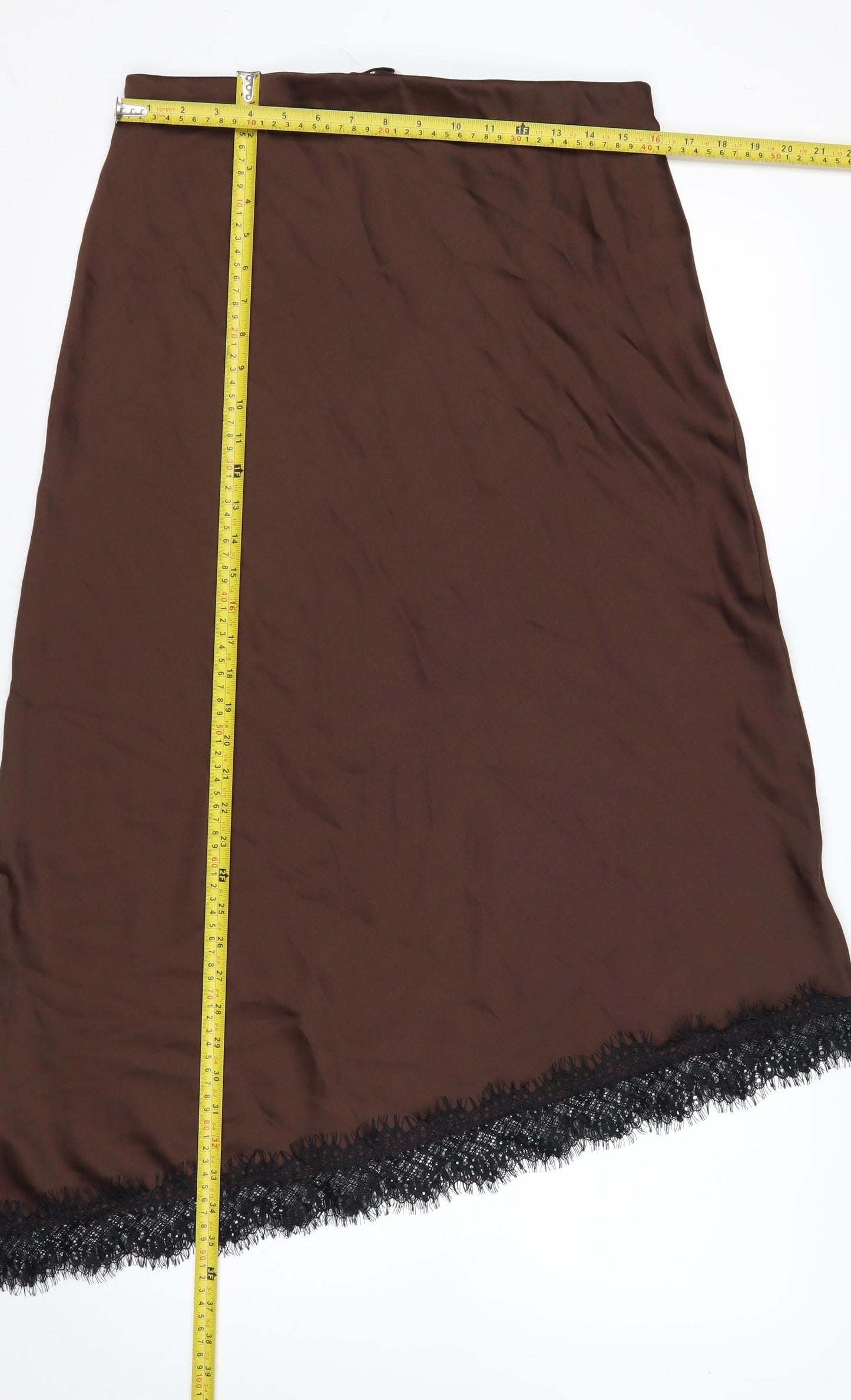 Marks and Spencer Women’s Brown Lace Trim Midi Satin Skirt Size 14