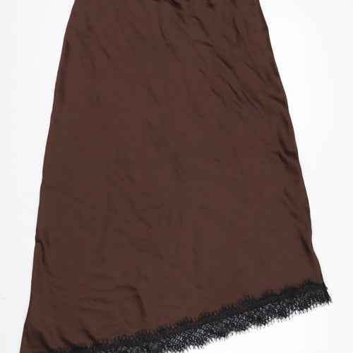 Marks and Spencer Women’s Brown Lace Trim Midi Satin Skirt Size 14