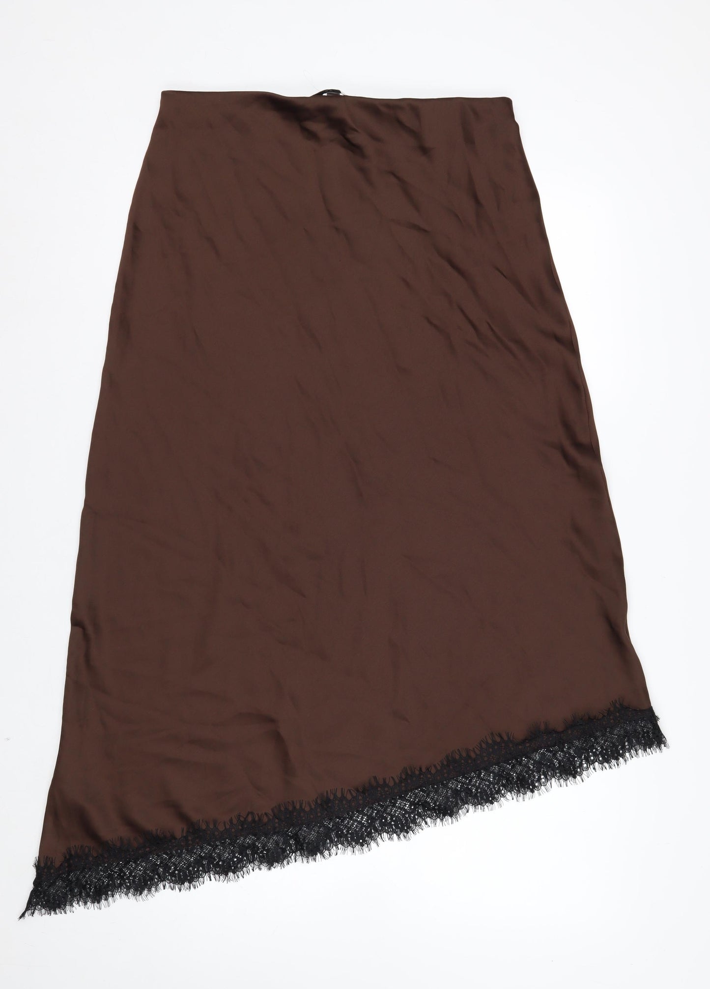 Marks and Spencer Women’s Brown Lace Trim Midi Satin Skirt Size 14