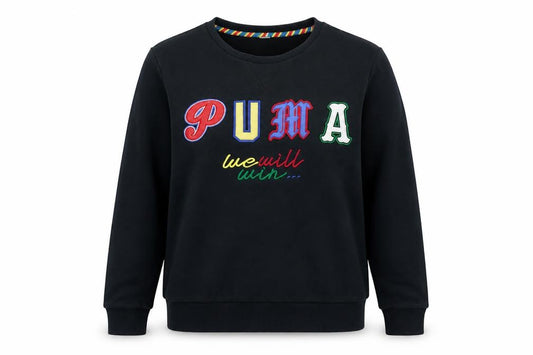 Front view of Puma women’s black medium pullover sweatshirt embroidered logo