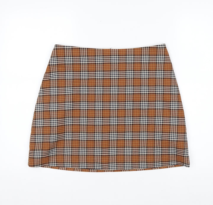 Monki Women's Brown Check A-Line Mini Skirt Size 12