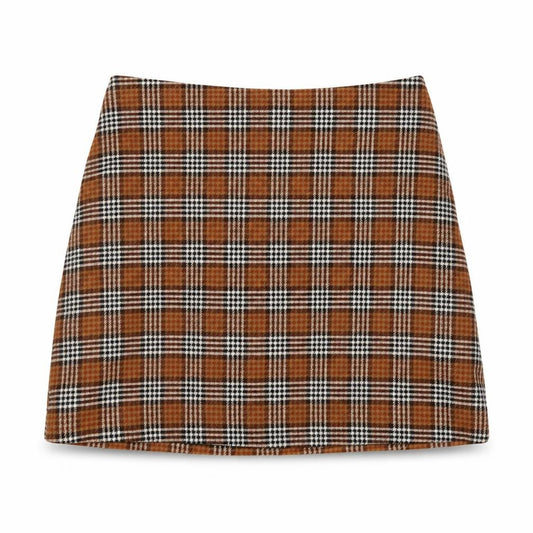 Front view of Monki Women's Brown Check A-Line Mini Skirt, size 12