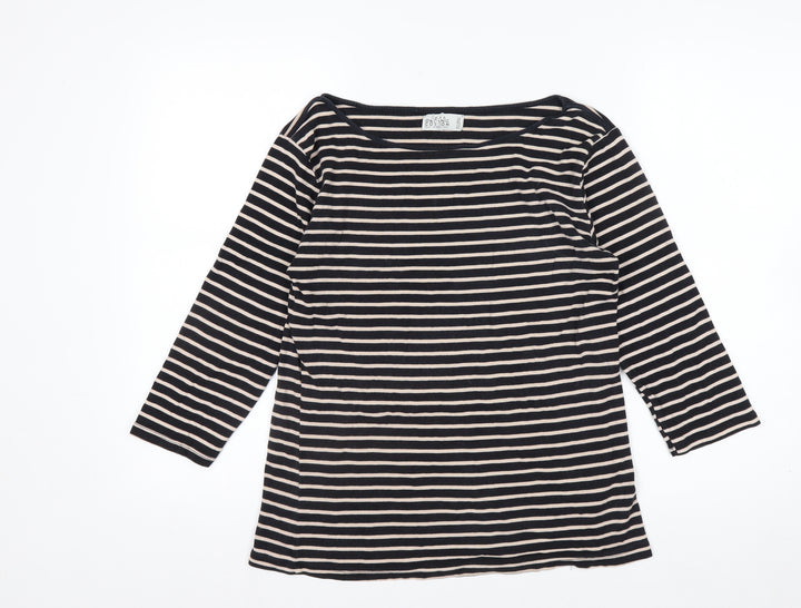 ZARA Women Black Striped Organic Cotton 3/4 Sleeve T-Shirt XL
