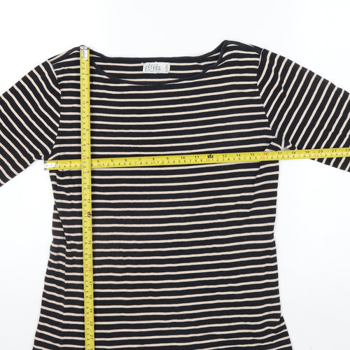 ZARA Women Black Striped Organic Cotton 3/4 Sleeve T-Shirt XL