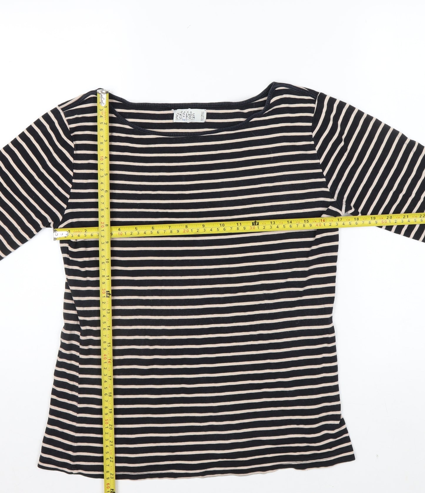 ZARA Women Black Striped Organic Cotton 3/4 Sleeve T-Shirt XL