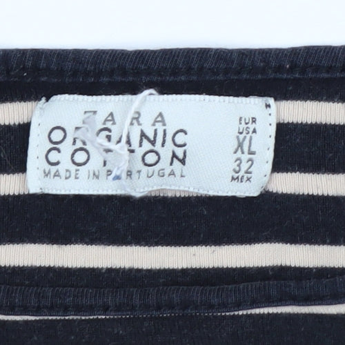 ZARA Women Black Striped Organic Cotton 3/4 Sleeve T-Shirt XL
