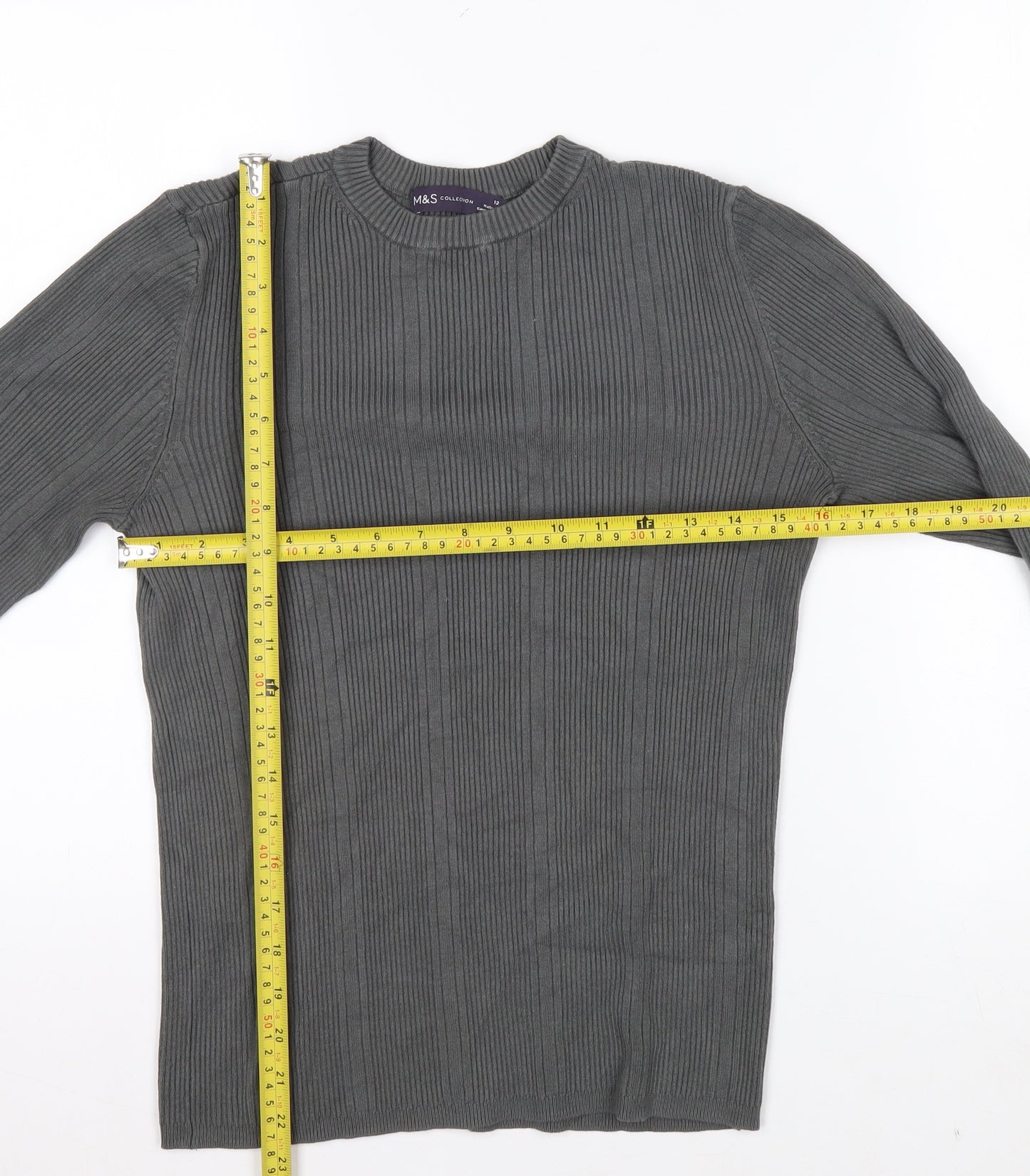 Marks and Spencer Womens Dark Olive Ribbed Knit Long Sleeve Top Size 12