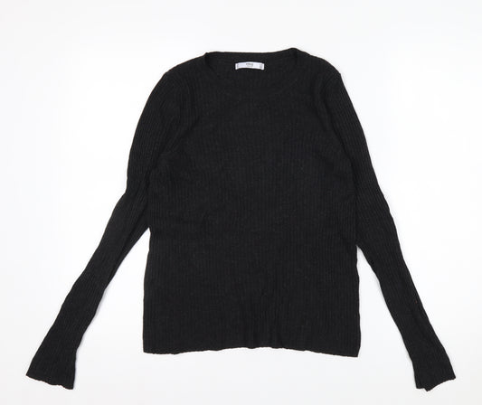 MNG Basics Women’s Black Ribbed Long Sleeve Slim Fit Knit Top Size 12