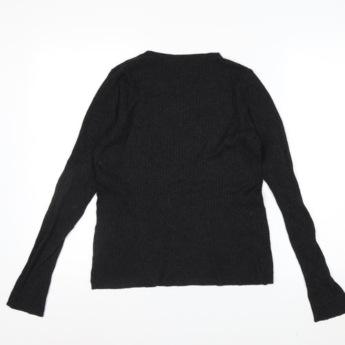 MNG Basics Women’s Black Ribbed Long Sleeve Slim Fit Knit Top Size 12