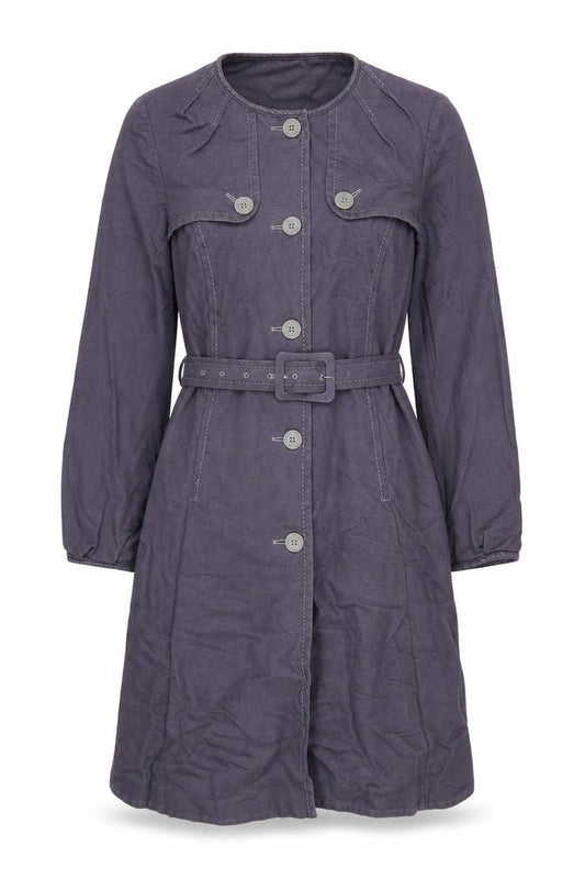 Front view of Wrap women’s purple belted long coat uk 16 cotton linen blend