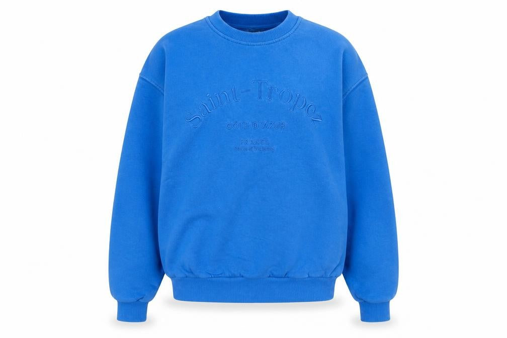 Front view of Stradivarius women’s blue xs pullover sweatshirt saint-tropez embroidered