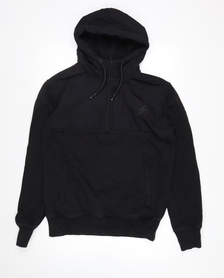 Superdry Men's Black L 1/2 Zip Hooded Sweatshirt Fleece Logo Hoodie