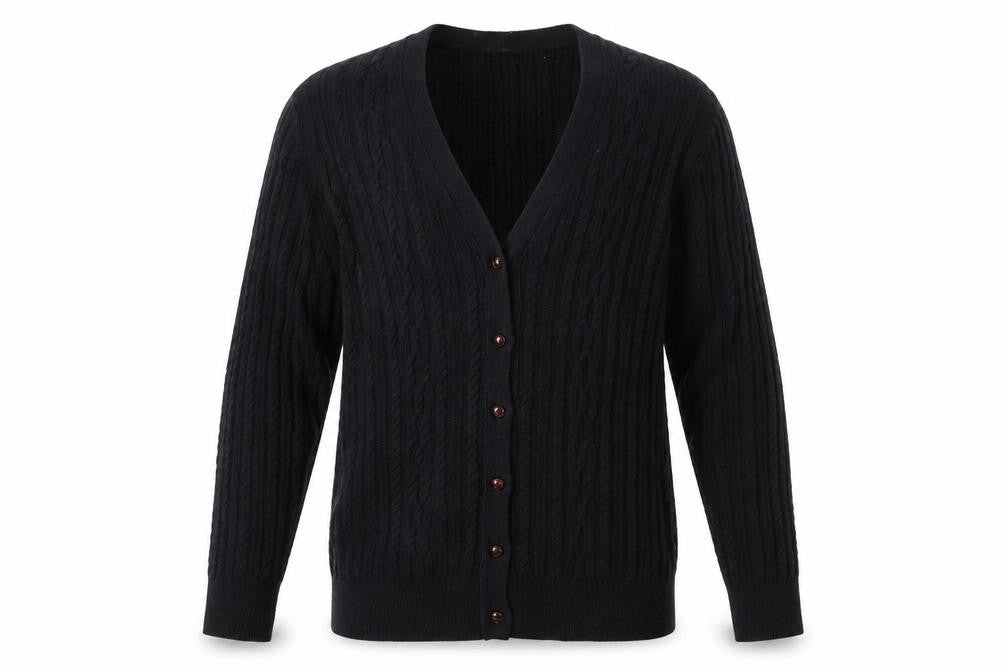 Front view of Lands' End Men's Black Cable-Knit Cardigan Jumper, size L