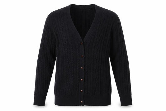 Front view of Lands' End Men's Black Cable-Knit Cardigan Jumper, size L