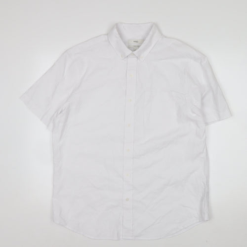 Marks and Spencer Men's White Linen Cotton Short Sleeve Button-Up Shirt L