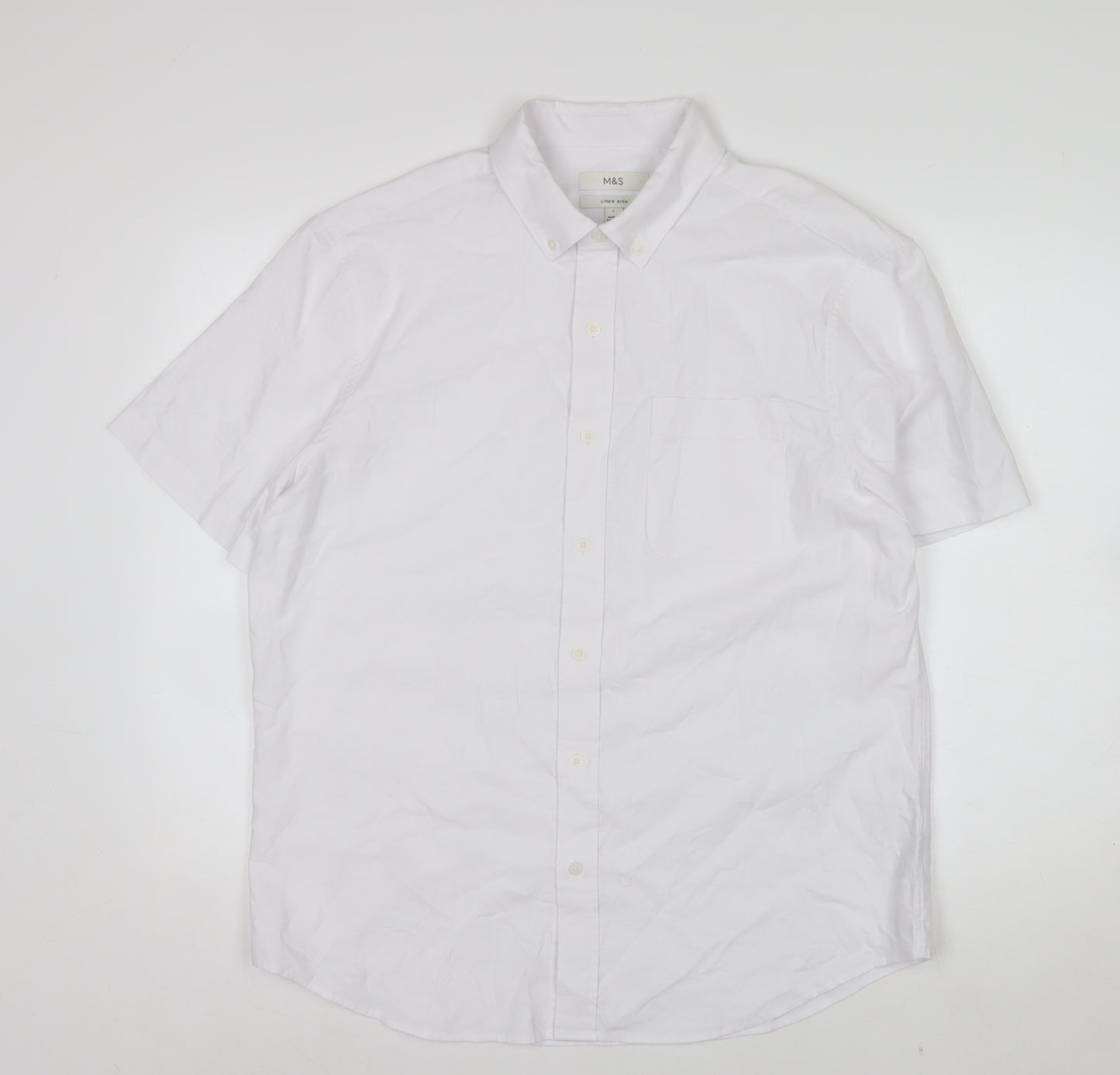 Marks and Spencer Men's White Linen Cotton Short Sleeve Button-Up Shirt L