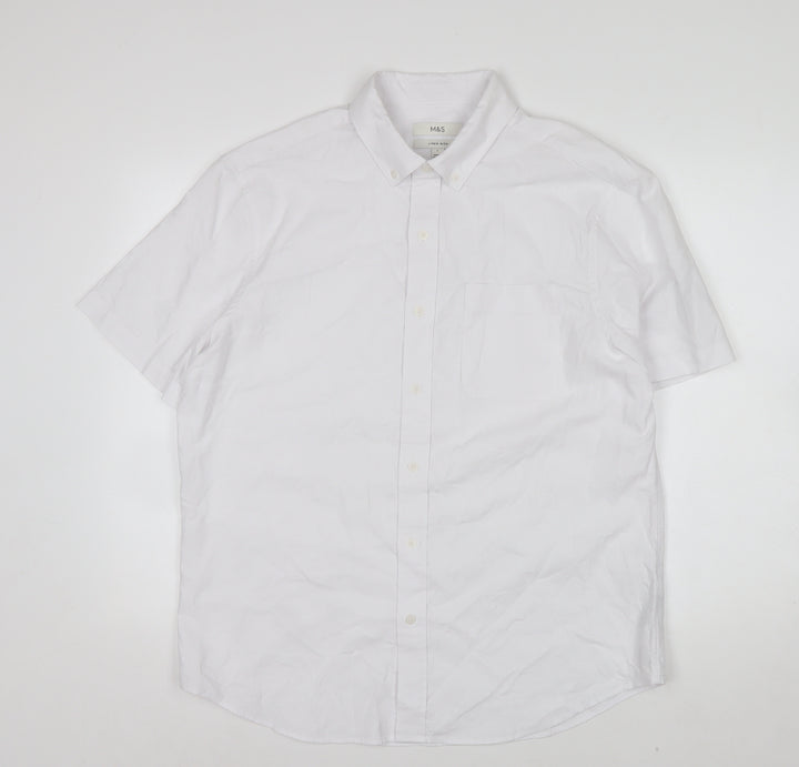 Marks and Spencer Men's White Linen Cotton Short Sleeve Button-Up Shirt L