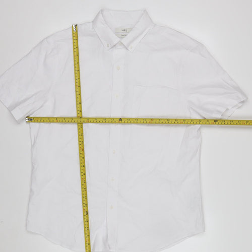 Marks and Spencer Men's White Linen Cotton Short Sleeve Button-Up Shirt L