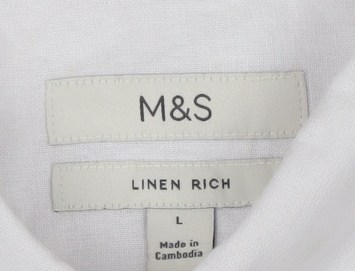 Marks and Spencer Men's White Linen Cotton Short Sleeve Button-Up Shirt L