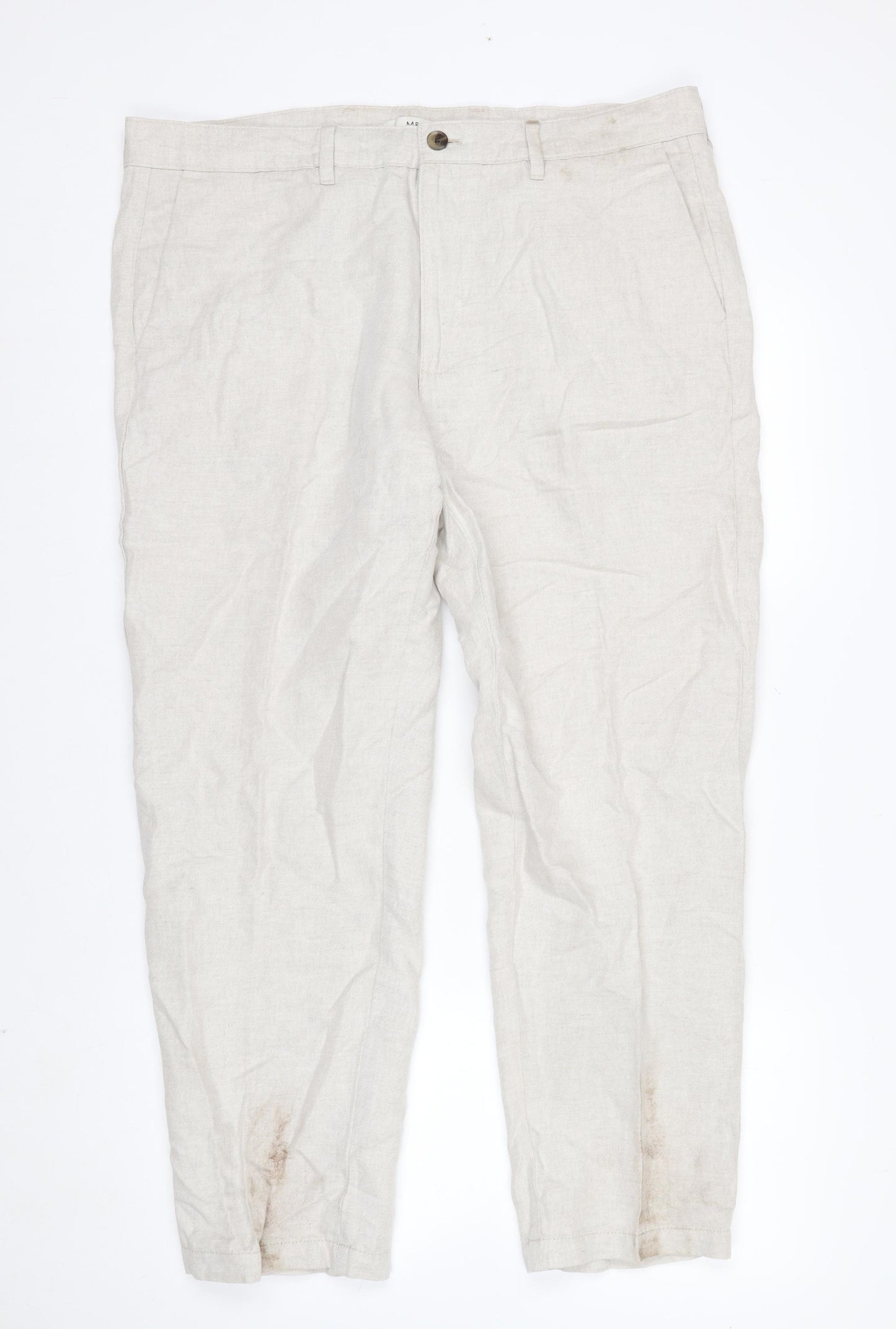 Marks and Spencer Men’s Beige Linen Blend Chino Trousers 38x29 Regular Fit
