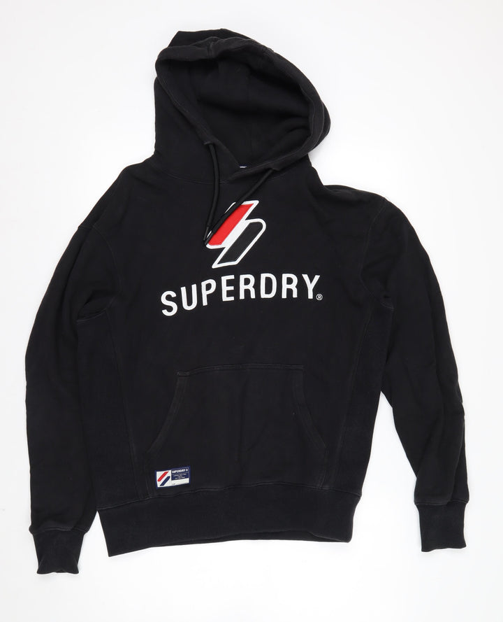 Superdry Men's Black Pullover Hoodie S Logo Fleece Graphic Print