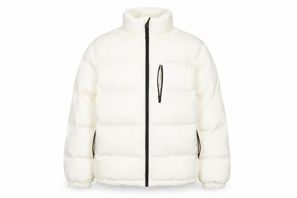 Front view of H&M Women Ivory Puffer Jacket, size 12, Polyester Mid-Length Zip Fastening