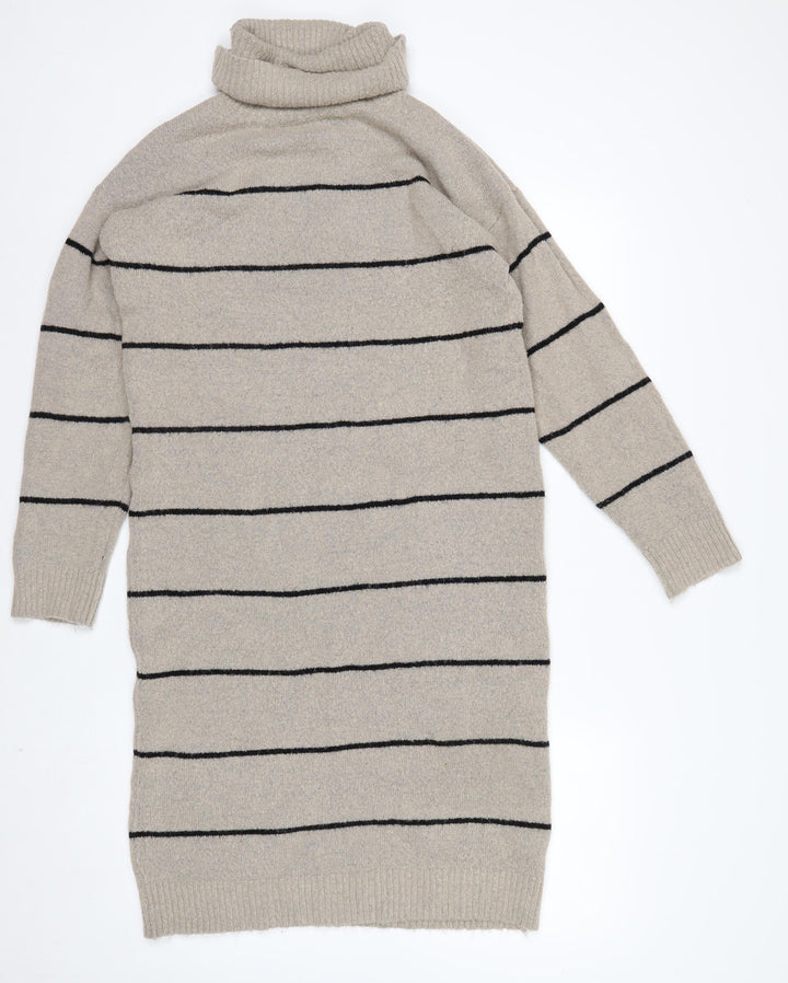 Brave Soul Women Beige Striped Roll Neck Long Sleeve Tunic Jumper XS